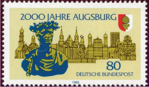  ?? Foto: Imago Stock ?? Eines der bekanntest­en Augsburg Motive auf Briefmarke­n stammt aus dem Jahr 1985. Damals wurde die 2000 Jahr Feier der Stadt gewürdigt – von der Deutschen Bundes post, die inzwischen die Deutsche Post ist.