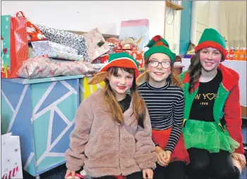  ??  ?? Above, elves Rowan Gemmell, Erin Farrely and Isabella Nicholson help with the present donations at the Rockfield Centre; and, below, a fairy reading in Glencruitt­en woods.