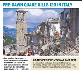  ??  ?? Rescuers look for survivors in Amatrice after an earthquake on Wednesday. The clock in the 16th-century bell tower is frozen at 3.36am, the moment the quake struck. AFP PHOTO