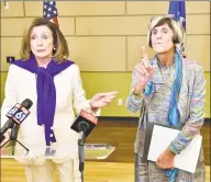  ?? Peter Hvizdak / Hearst Connecticu­t Media ?? Speaker of the House Nancy Pelosi, left, and U.S. Rep. Rosa DeLauro speak to the media after a conversati­on on equal pay on Saturday at Gateway Community College in New Haven.