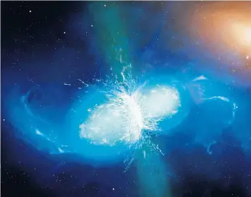 ??  ?? An artist’s impression of two neutron stars colliding, which scientists have discovered creates heavy metals such as gold