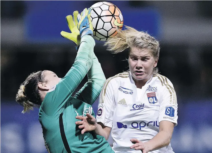  ?? — GETTY IMAGES FILES ?? Norwegian striker Ada Hegerberg, right, seen in action with Lyon against Paris Saint-Germain, will miss Tuesday’s contest against Canada.