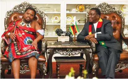  ?? ?? President Mnangagwa meets Prince Lindani Nkosi, an envoy of Eswatini’s King Mswati III, during a courtesy call at State House in Harare yesterday