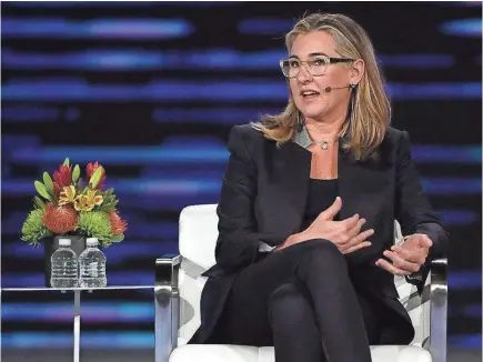  ?? ETHAN MILLER/GETTY IMAGES ?? A&E Networks President and CEO Nancy Dubuc talks about the future of video during a keynote panel. Many executives have criticized CES for its anemic representa­tion of women.