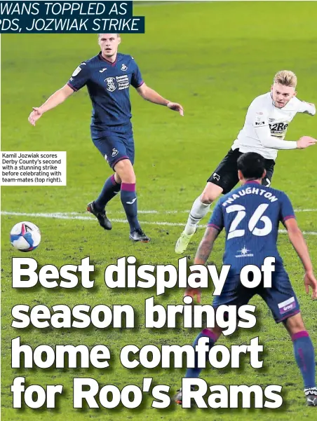  ??  ?? Kamil Jozwiak scores Derby County’s second with a stunning strike before celebratin­g with team-mates (top right).