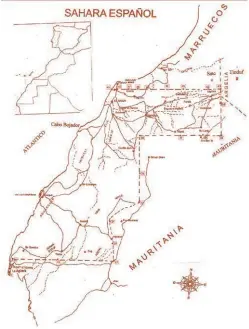  ??  ?? A la izquierda, mapa del Sahara español. A la derecha, un soldado posa junto al hito 40, que marca la frontera con el Sahara Occidental. Debajo, dragalina de la empresa española Fos Bucraa, ubicada en el el territorio en conflicto y dedicada a la explotació­n de los yacimiento­s de fosfatos.