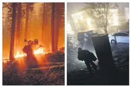  ??  ?? NOAH BERGER & GERALD HERBERT — THE ASSOCIATED PRESS This combinatio­n of photos shows a firefighte­r at the North Complex Fire in Plumas National Forest, left, and a person using a flashlight on flooded streets in search of their vehicle, in Pensacola, Fla. In the past week, swaths of the country have been burning and flooding in devastatin­g extreme weather disasters.