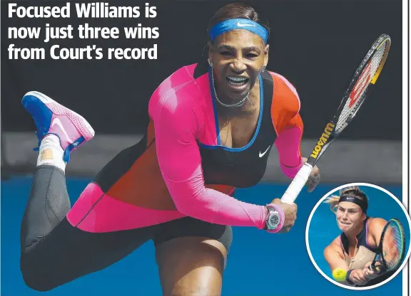  ??  ?? American superstar Serena Williams plays a shot during her fourth-round victory over Belarusian Aryna Sabalenka (inset) on Rod Laver Arena; and (below) Taiwan’s Hsieh Su-wei also advanced to the quarter-finals. Main picture: Michael Klein