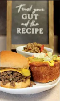  ??  ?? Three dishes from one package of ground beef — Sloppy Marvin (front), Bacon Cheeseburg­er Cup and Beefy Brown Rice — made by cookbook author Marvin Williams.