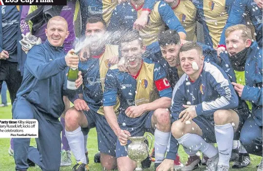  ?? Pics: Football Nation ?? Party time Kilby skipper Barry Russell, left, kicks off the celebratio­ns