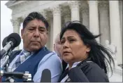  ?? ALEX BRANDON — THE ASSOCIATED PRESS ?? Beatriz Gonzalez, right, the mother of 23-year-old Nohemi Gonzalez, a student killed in the Paris terrorist attacks, and stepfather Jose Hernandez speak outside the Supreme Court in Washington.