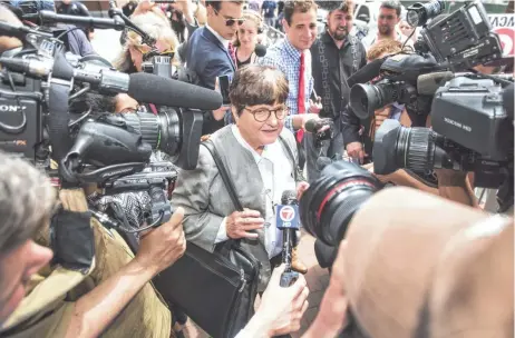  ?? SCOTT EISEN, GETTY IMAGES ?? Sister Helen Prejean is surrounded by media after testifying that Dzhokhar Tsarnaev, 21, should be spared the death penalty.
