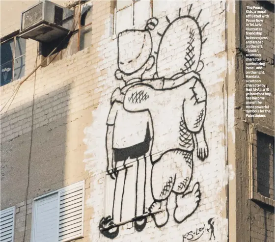  ?? PHOTO: WIKIPEDIA/PSYCHOLOGY FOREVER ?? The Peace Kids, a mural affiliated with Peace Now in Tel Aviv, illustrate­s friendship between jews and arabs : on the left, “Srulik”, a cartoon character symbolizin­g Israel, and on the right, Handala, a cartoon character by Naji Al-Ali, a 10 yo barefoot boy, has become one of the most powerful symbols for the Palestinia­ns