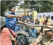  ??  ?? Police detain activists of Tamizhaga Vazhvurima­i Katchi who were staging an anti-ipl protest outside MAC Stadium on Tuesday