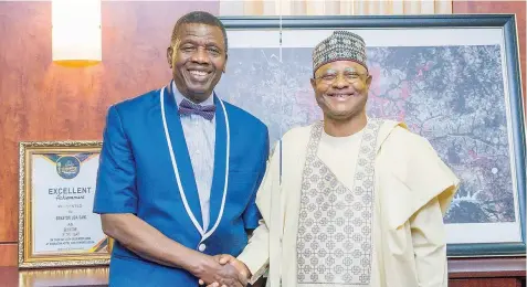  ?? ?? General Overseer, The Redeemed Christian Church of God ( RCCG), Enoch Adeboye ( left) and Kaduna State Governor, Uba Sani at the Kashim Ibrahim House, in Kaduna… at the weekend.