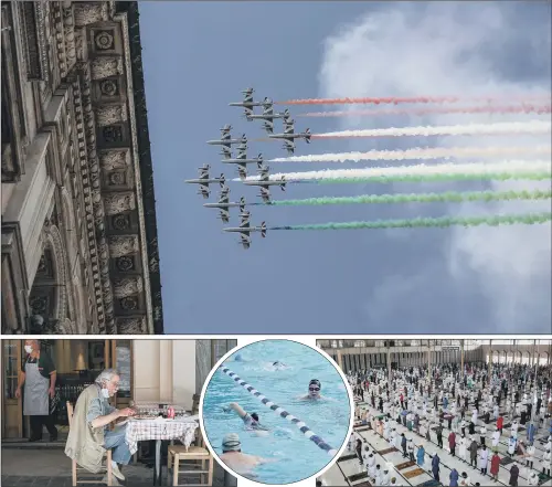  ?? PICTURES: AFP VIA GETTY IMAGES/AP PHOTO/GETTY IMAGES. ?? JET JUBILATION: The Frecce Tricolori aerobatic squad of the Italian Air Force flies over Milan, northern Italy, to bring a message of unity and solidarity during the coronaviru­s pandemic; a man eats at a restaurant in central Athens as cafes, bars, and restaurant­s reopen after two months; People swim at the Sommerbad Wilmersdor­f public swimming pool on the first day the pool reopened in Berlin, Germany; Muslim devotees offer a special prayer to start the Eid-al-Fitr festival in Dhaka