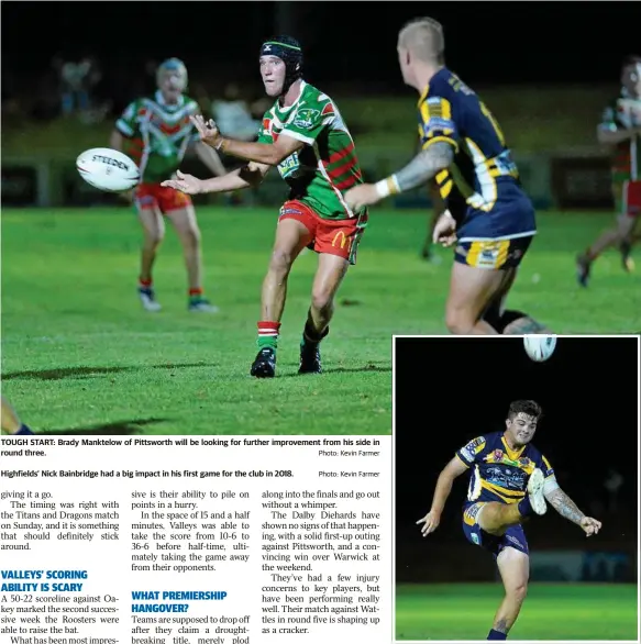  ?? Photo: Kevin Farmer
Photo: Kevin Farmer ?? TOUGH START: Brady Manktelow of Pittsworth will be looking for further improvemen­t from his side in round three.
Highfields’ Nick Bainbridge had a big impact in his first game for the club in 2018.