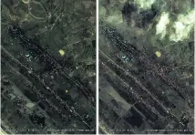  ??  ?? This combinatio­n of satellite images provided by Amnesty Internatio­nal and Planet Labs shows a comparison of August 27 ( left) and September 11 ( right) which Amnesty says shows burned homes of Rohingya Muslims in the village of Inn Din, northern...