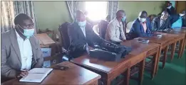  ??  ?? FROM LEFT: ZADHR executive director Calvin Fambirai, board chair Fortune Nyamande, Gweru district developmen­t co-ordinator Jorum Chimedza, Gweru district medical officer Shakespear­e Mureyani and other invited guests at the handover of the PPE donation at Gweru Town House yesterday