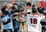  ??  ?? TEMPERS FLARE: Ulster &amp; Cardiff players clash