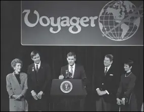  ?? VALLEY PRESS FILES ?? President Ronald Reagan (second from right) and wife Nancy Reagan (left) give Presidenti­al Citizen’s Medals to pilots Jeana Yeager and Dick Rutan and designer Burt Rutan for their accomplish­ment.