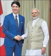  ?? PTI ?? Prime Minister Narendra Modi shakes hands with his Canadian counterpar­t Justin Trudeau before their meeting at Hyderabad House in New Delhi on Friday.