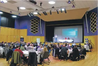  ?? ?? Sandy Begbie speaks in front of those gathered at the Queen’s Hall in Dunoon on Friday May 19.