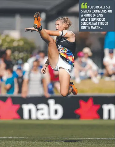  ?? Picture: MICHAEL WILLSON/AFL MEDIA ?? IN FLIGHT: This photo of Carlton’s Tayla Harris sparked attention this week.