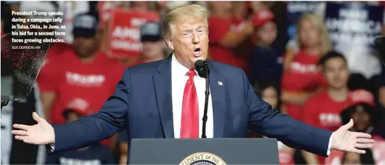  ?? SUE OGROCKI/AP ?? President Trump speaks during a campaign rally in Tulsa, Okla., in June, as his bid for a second term faces growing obstacles.