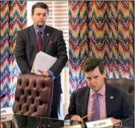  ?? Arkansas Democrat-Gazette/BENJAMIN KRAIN ?? Sen. Jason Rapert, R-Bigelow (left), waits for a vote from the Senate Public Health, Welfare and Labor Committee on his proposal to ban smoking of medical marijuana.At right is Sen. Scott Flippo, R-Bull Shoals.