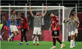  ?? Photograph: Marco Bertorello/AFP/Getty Images ?? Juventus midfielder Manuel Locatelli (centre) celebrates after the referee blew the final whistle.