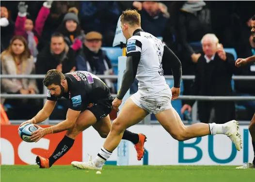  ?? PICTURES: Getty Images ?? Joy out wide: Santiago Cordero touches down for Exeter’s first try