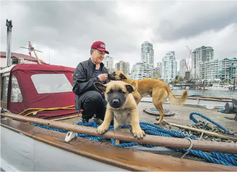  ?? ARLEN REDEKOP ?? Shawn Wilson, along with his dogs Sage and her one-month-old puppy Kuma, live on his boat in False Creek.
