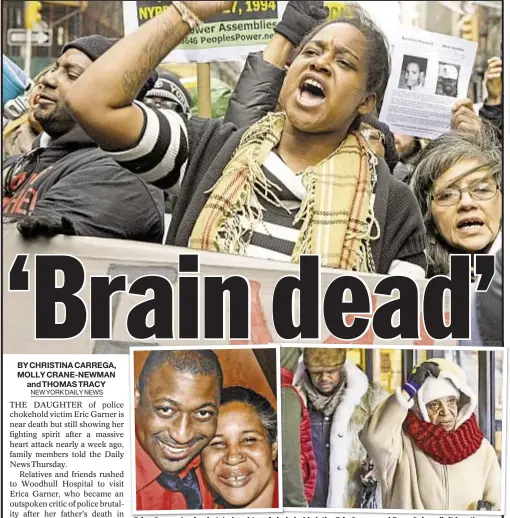 ??  ?? Erica Garner (main photo), daughter of chokehold victim Eric Garner and Esaw Snipes (left inset), was said by her mother Snipes to be “brain dead” Thursday. Above, her grandmothe­r leaves Brooklyn hospital after visiting. The Rev. Al Sharpton (bottom)...
