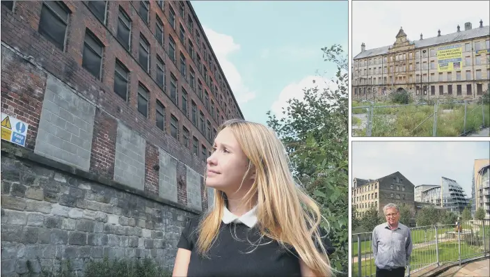  ?? PICTURE: SEBASTIAN OAKE. ?? OLD FOUNDATION­S: Main picture: Jenna Richardson, a member of Leeds Civic Trust; Top right, Bradford Conditioni­ng House; bottom right, Nigel Grizzard, chief executive of Our Northern Mills, pictured at Victoria Mills in Shipley.