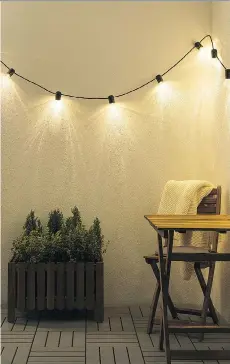  ?? IKEA ?? Consider using multiple light sources for your deck or patio this summer. For overhead illuminati­on, Ikea’s string of Svartra LED lights provides soft mood lighting.