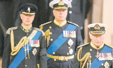  ?? AP ?? Britain’s King Charles III, Britain’s Prince Andrew and Britain’s Prince Edward arrive to attend a vigil for late Queen Elizabeth II, lying in state on the catafalque in Westminste­r Hall, at the Palace of Westminste­r in London, Friday September 16.