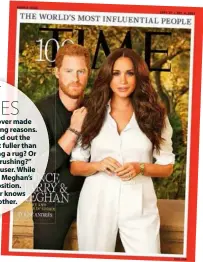  ??  ?? BUTT OF JOKES Harry and Meghan’s cover made headlines for all the wrong reasons. Royal watchers pointed out the prince’s hair looked a lot fuller than normal. “Is Harry wearing a rug? Or just overdone the airbrushin­g?” asked one social media user. While others mocked him for Meghan’s more prominent position. “The handbag carrier knows his place,” said another.