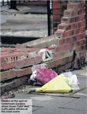  ??  ?? Flowers at the spot on Coldstream Gardens where Susan Fuller died. (Left) police officers at the crash scene