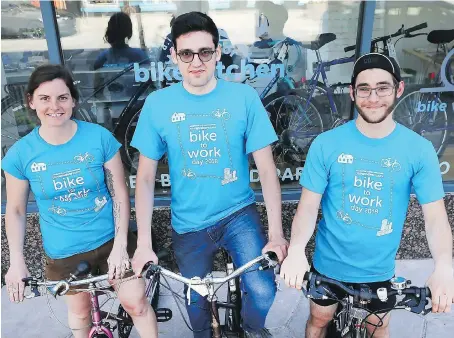  ?? DAN JANISSE ?? Courtney Knowler, left, Nicholas Schmidt and Andrew George sport Bike to Work Day T-shirts at the Bike Windsor Essex Hub on Wednesday to promote the city-wide event on Monday. Cyclists will meet up in five areas of the city and ride together to Jackson...