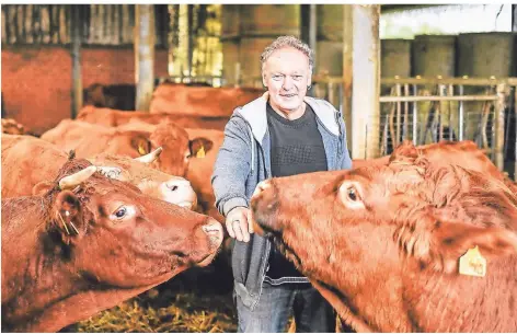  ?? FOTOS: LARS FRÖHLICH ?? Landwirt Wilhelm Gorres züchtet Fränkische­s Gelbvieh. Aktuell hat er 18 Tiere im Stall.