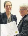  ?? MILLICENT MCKAY/JOURNAL PIONEER ?? Catherine MacLellan, left, accepts the Wendell Boyle Award from Lt.Gov. Antoinette Perry. MacLellan was recognized for her recording, “If It’s Alright With You: The Songs of Gene MacLellan.” This is also the title of Catherine’s musical show which will...