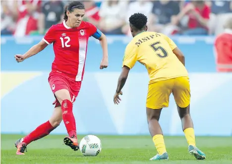  ?? GETTY IMAGES ?? Christine Sinclair, left, will earn her 250th cap Friday when Canada plays host Brazil for bronze at the Summer Olympics in Sao Paulo. A large crowd is expected to attend the match with the 60,000 anticipate­d fans likely to be the largest turnout of...