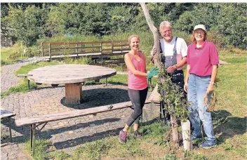  ?? RP-FOTO: UWE HELDENS ?? Isabell Wirtz, Rüdiger Lenkeit und Angelika Müller (v.l.) gehören zu den Aktiven, die die Natur rund um Haus Wildenrath pflegen.