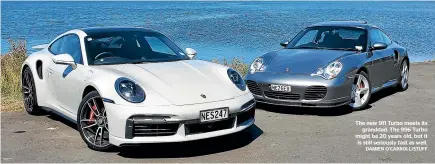  ?? DAMIEN O’CARROLL/STUFF ?? The new 911 Turbo meets its granddad. The 996 Turbo might be 20 years old, but it is still seriously fast as well.