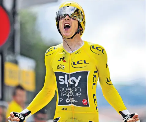  ??  ?? Welshman Geraint Thomas completes yesterday’s Tour de France individual time trial to ensure he will ride to victory in the final, procession­al stage to Paris