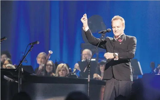  ?? CLAUDE DUFRESNE/COURTESY EVENKO ?? Sting opens the Leonard Cohen tribute concert at the Bell Centre Monday, an evening that drew everyone from Feist to Lana Del Rey to Elvis Costello.