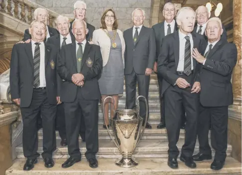  ??  ?? 0 From left: Willie Wallace, Charlie Gallagher, Bertie Auld, Bobby Lennox, Jim Craig, Glasgow Lord Provost Eva Bolander, current Celtic chairman Ian Bankier, John Hughes, 1967 captain Billy Mcneill, John Fallon and John Clark at the City Chambers.
