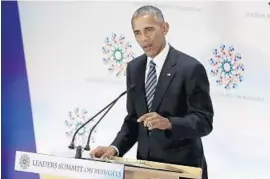  ?? CAROLYN KASTER/ASSOCIATED PRESS ?? President Barack Obama speaks Tuesday during the Leaders’ Summit on Refugees in New York. He called the refugee crisis “one of the most urgent tests of our time.”