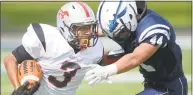  ?? Erik Trautmann / Hearst Connecticu­t Media ?? Warde’s Jeff Seganos Jr. ( 3) runs into Wilton defender Tyler Previte during Saturday’s game in Wilton.